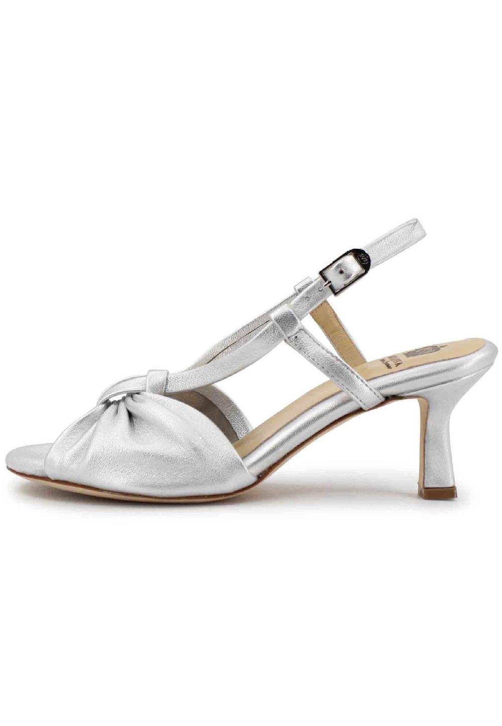L'ARIANNA Sandali slingback donna in pelle argento con suola in cuoio Offerta per la Festa della Mamma