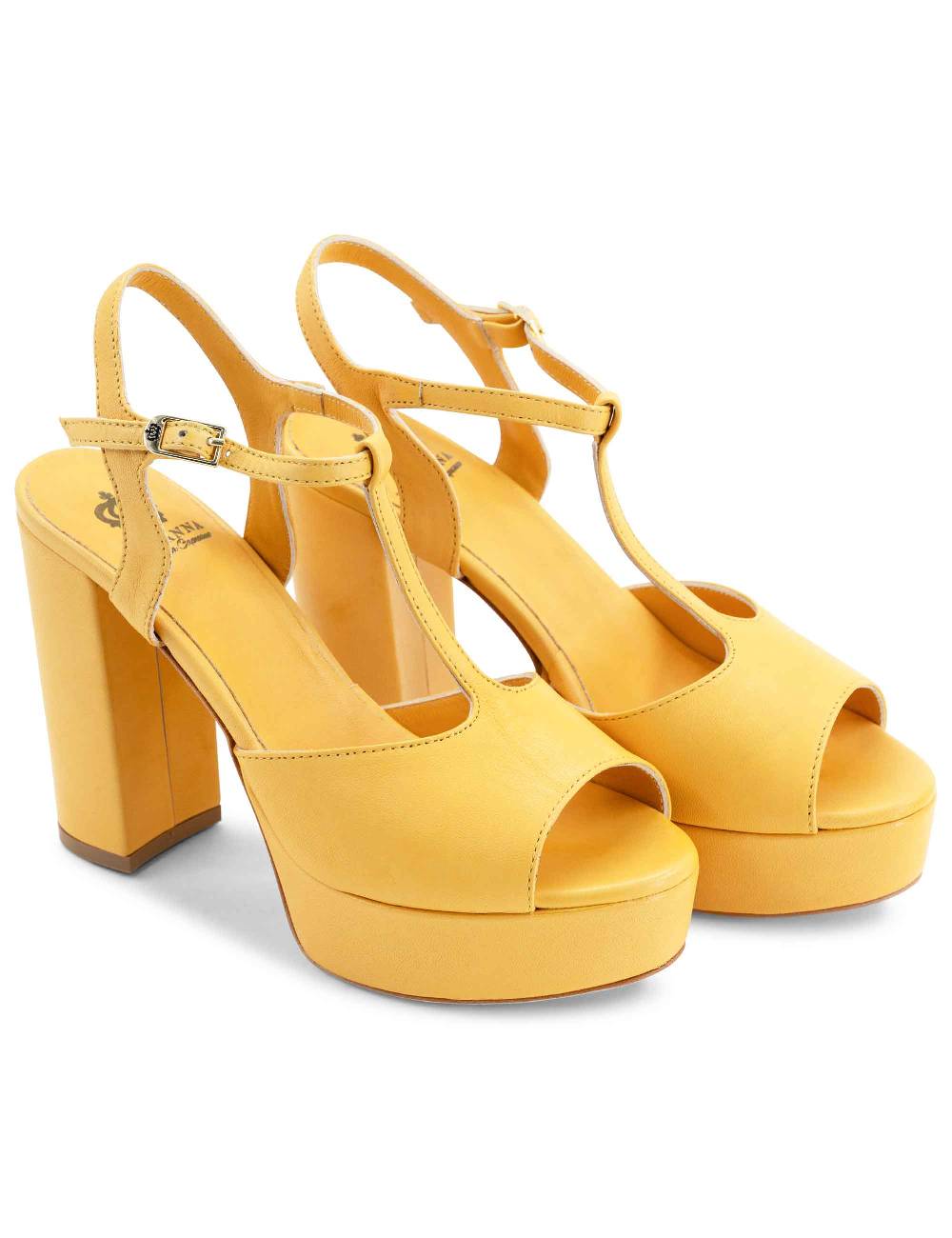 L'ARIANNA Sandali ds7010 donna in pelle color giallo con cinturino tacco alto e plateau Officina