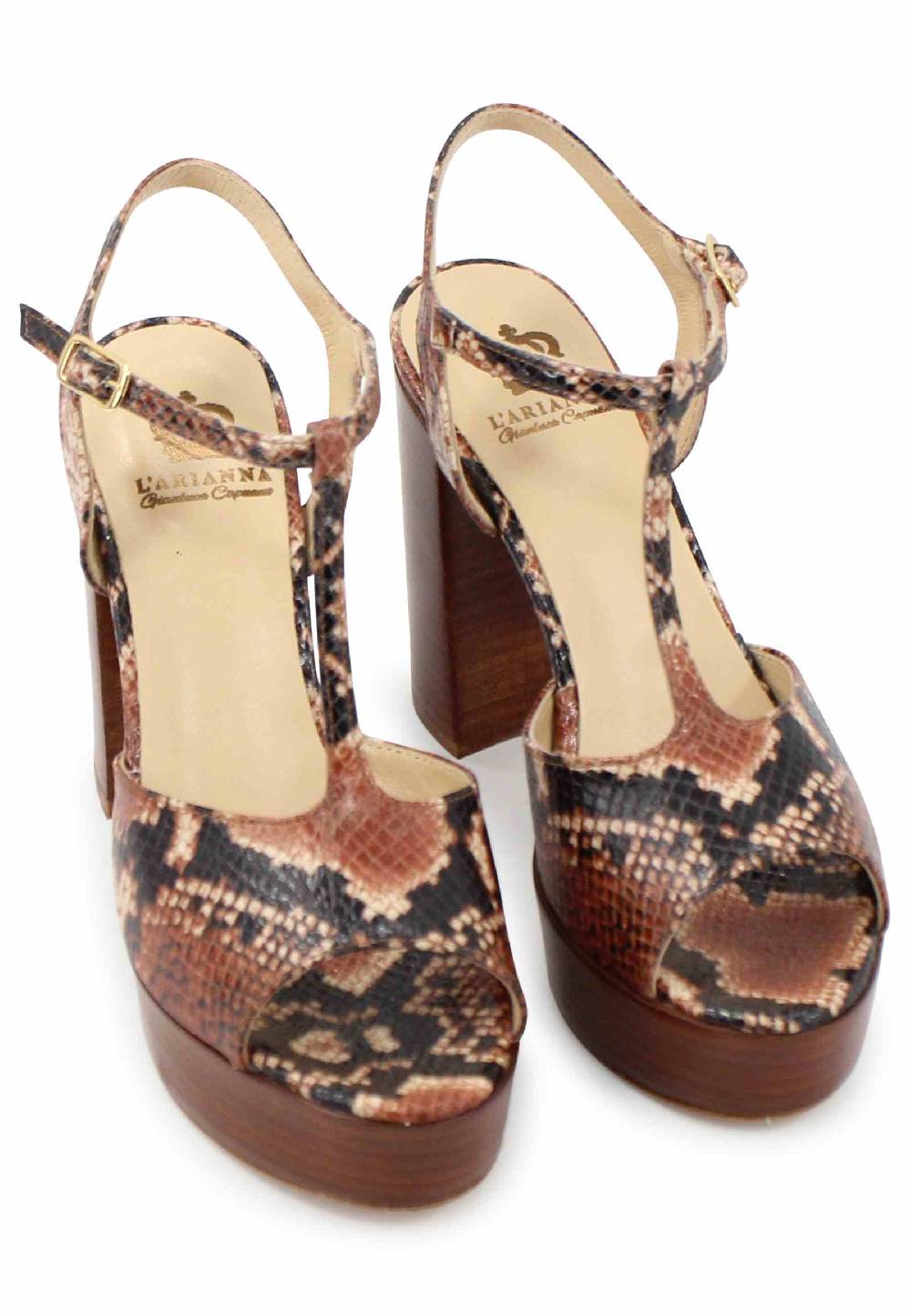 L'ARIANNA Sandali ds7010 donna in pelle stampata castagne con cinturino tacco alto e plateau 2025
