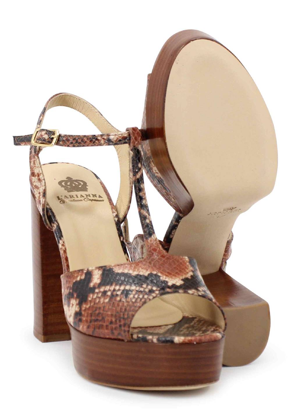 L'ARIANNA Sandali ds7010 donna in pelle stampata castagne con cinturino tacco alto e plateau 2025