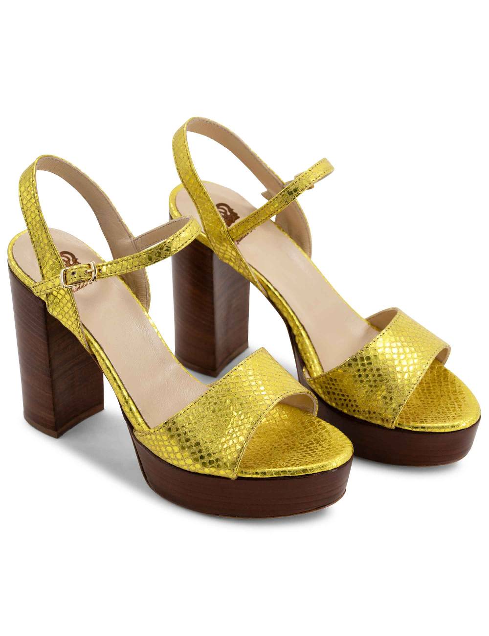L'ARIANNA Sandali DS1610 donna in pelle stampata laminata giallo con tacco alto e plateau Vendita