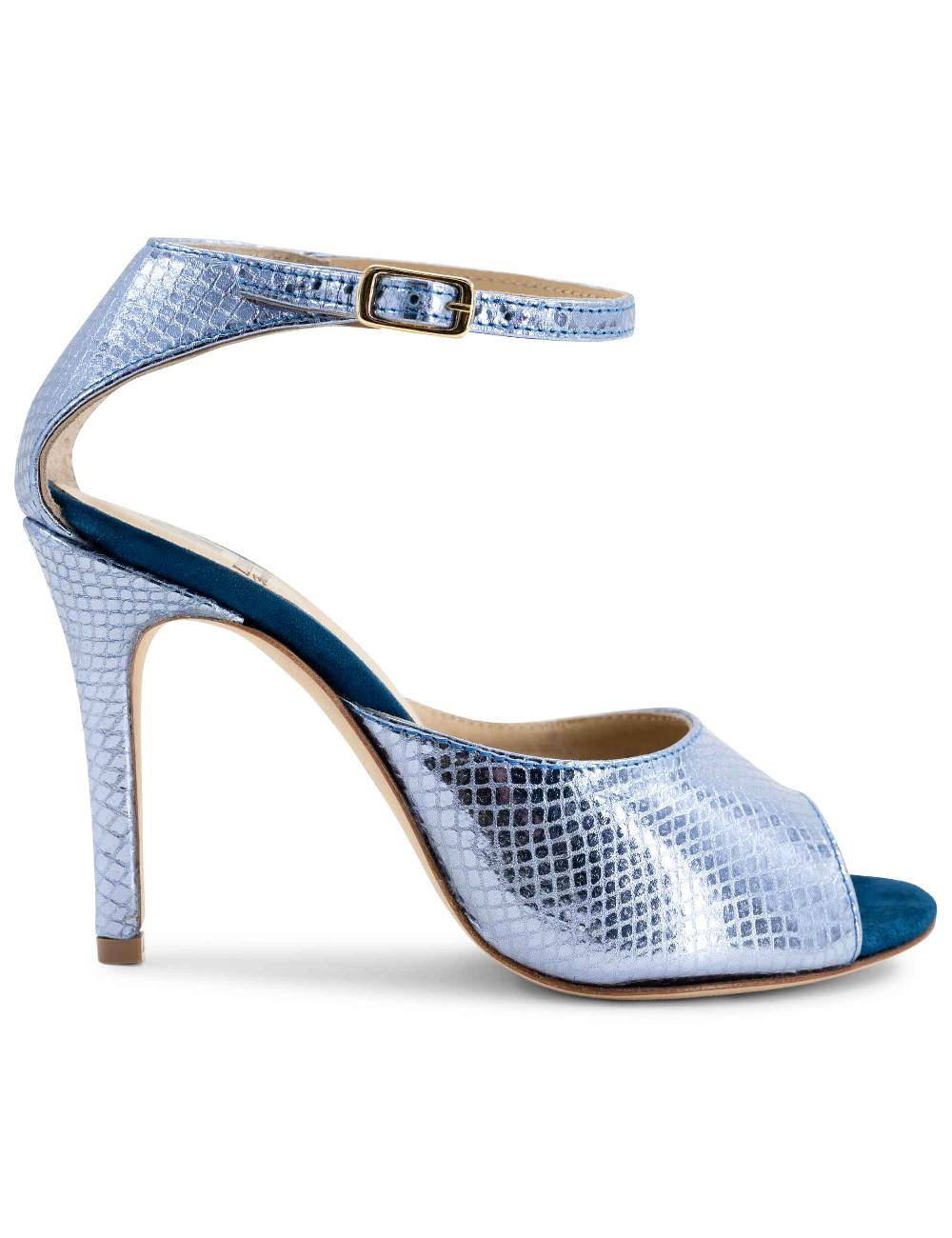 L'ARIANNA Sandali DS1518 donna in pelle laminata jeans effetto rettile e camoscio oceano con tacco alto e cinturino alla caviglia L'Arianna Consegna Veloce