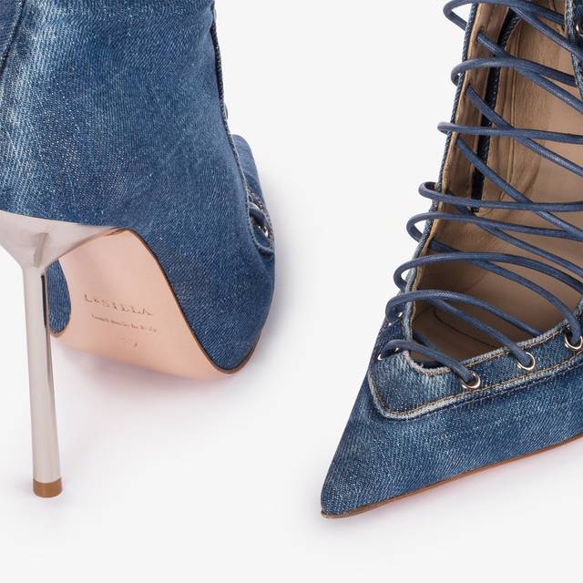 Le Silla Stivale al ginocchio con stringhe denim blu Nuovo