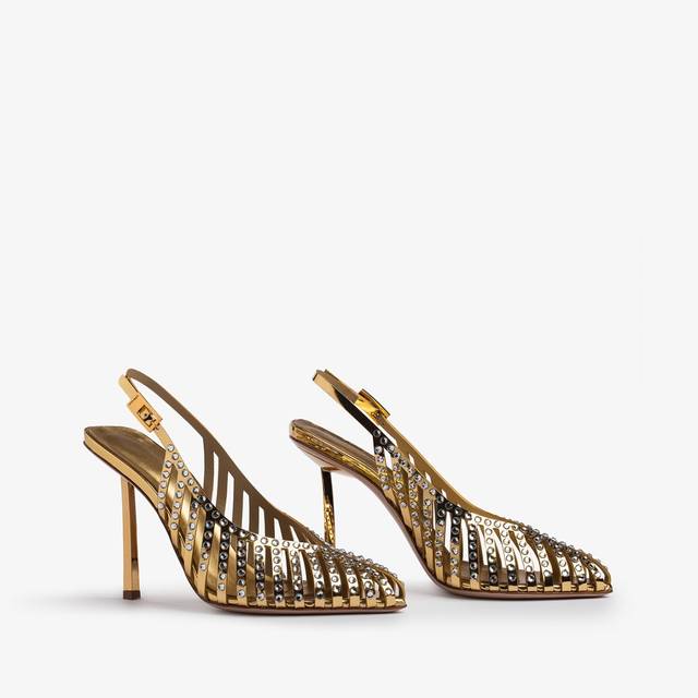Le Silla Slingback gioiello con listini metallizzata oro pepita e Cristalli Ultimo giorno