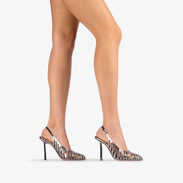 Le Silla Slingback gioiello con listini metallizzata peltro e Cristalli Offerta