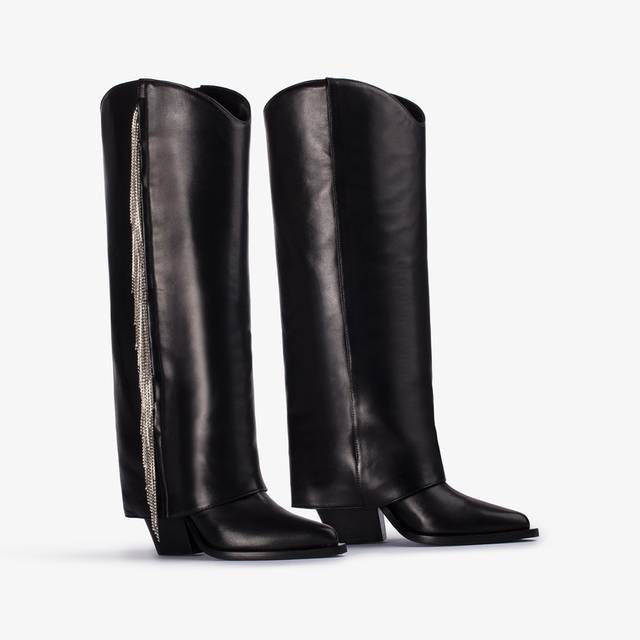 Le Silla Stivale al ginocchio d'ispirazione Western con risvolto nappa nera con frange argento Hotsell