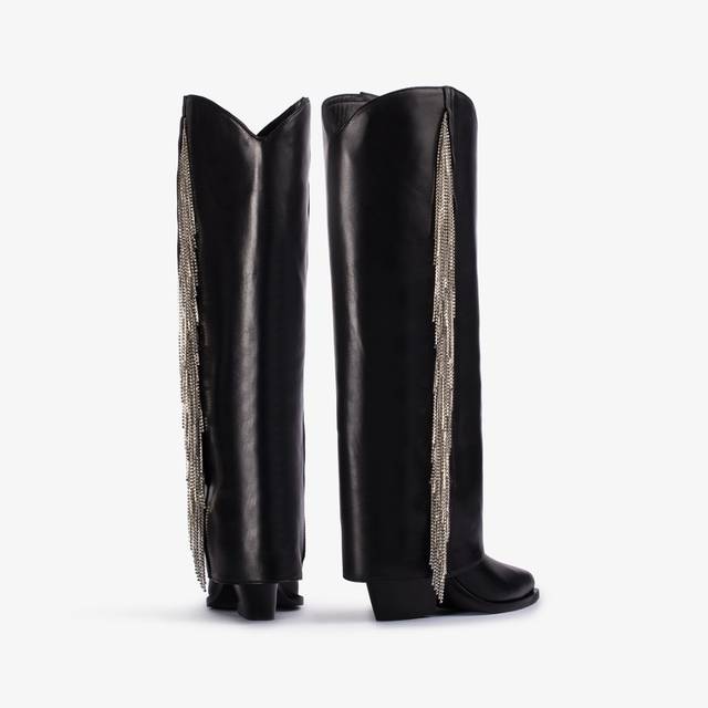 Le Silla Stivale al ginocchio d'ispirazione Western con risvolto nappa nera con frange argento Hotsell
