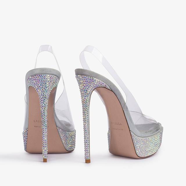 Le Silla Sandalo slingback con plateau plexy e Cristalli argento Outlet