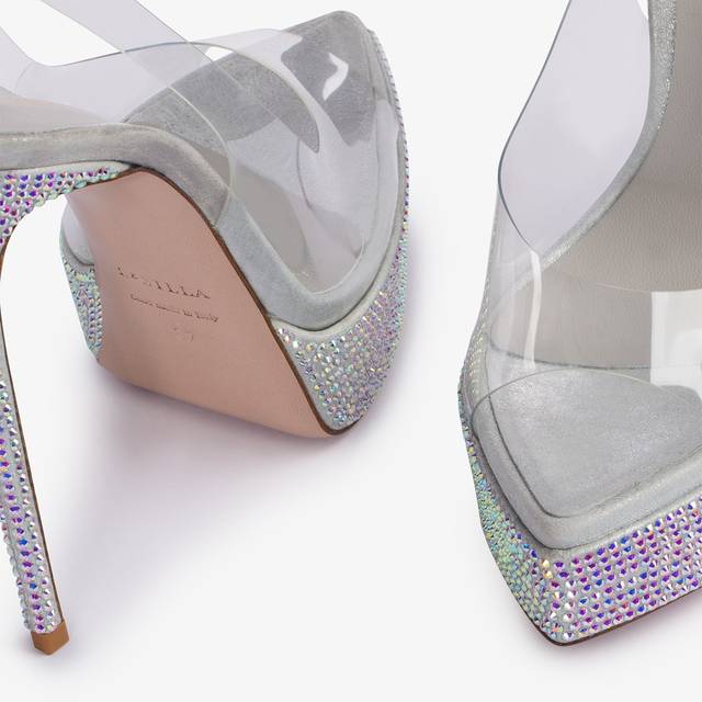 Le Silla Sandalo slingback con plateau plexy e Cristalli argento Outlet