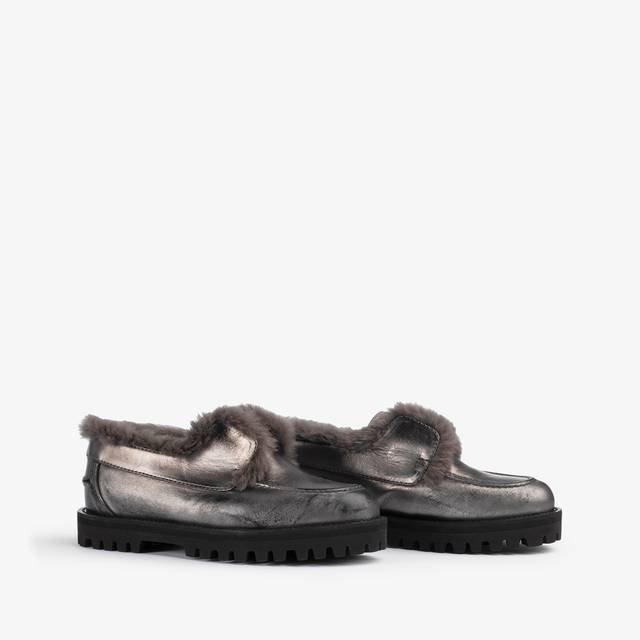 Le Silla Mocassino pelle laminata effetto vintage peltro con fodera lapin Outlet