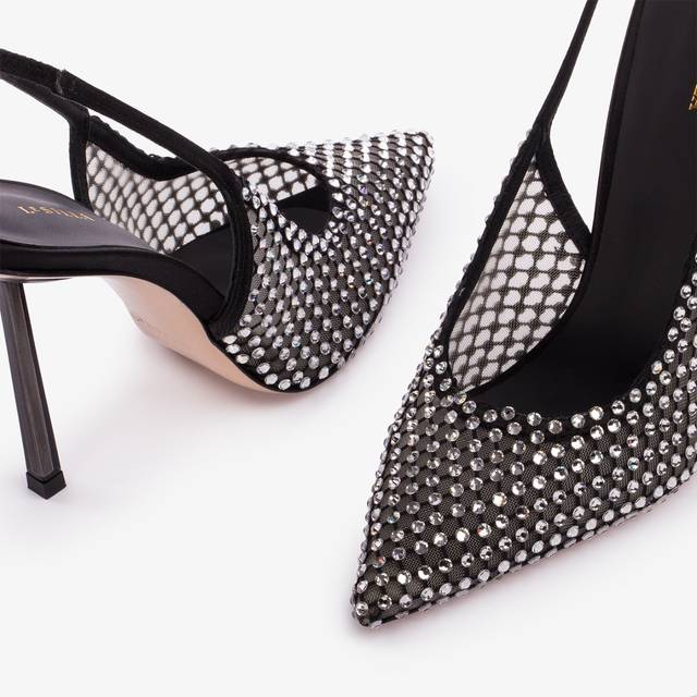 Le Silla Slingback gioiello rete nera e Cristalli argento 2025