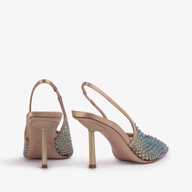 Le Silla Slingback gioiello rete oro e Cristalli iridescenti Nuovo