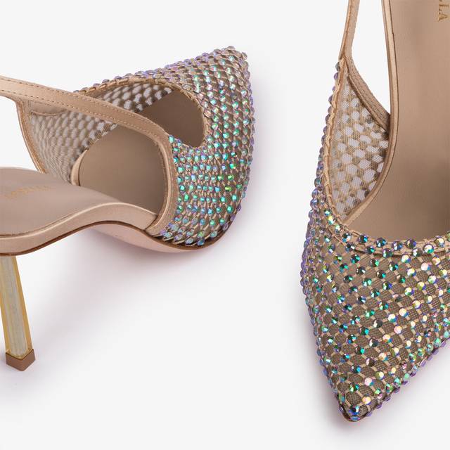 Le Silla Slingback gioiello rete oro e Cristalli iridescenti Nuovo