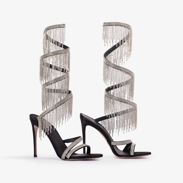 Le Silla Sandalo raso nero con frange argento Vendita Economica