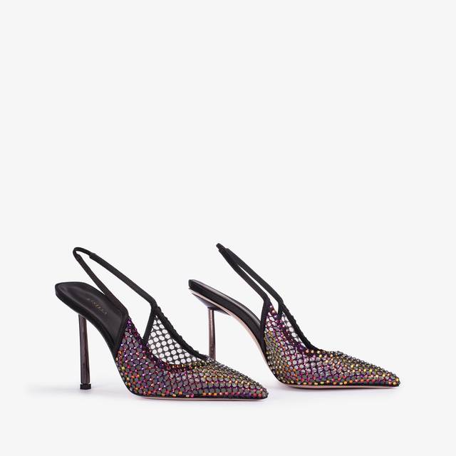 Le Silla Slingback gioiello rete nera e Cristalli iridescenti In Saldo
