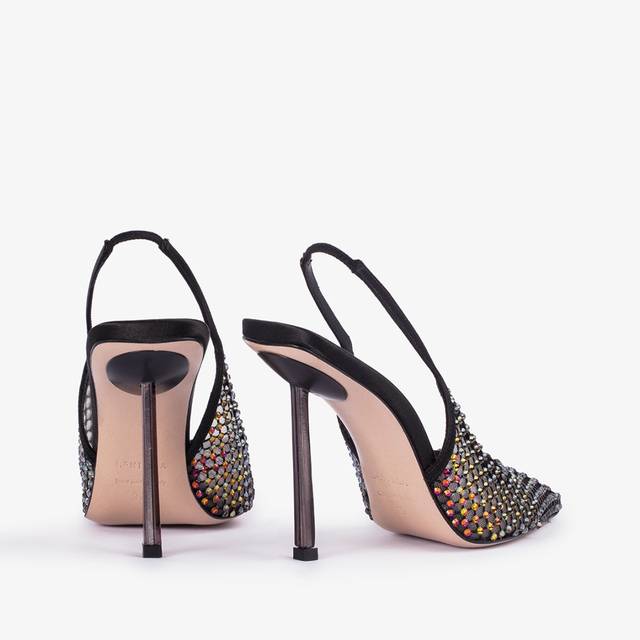 Le Silla Slingback gioiello rete nera e Cristalli iridescenti In Saldo