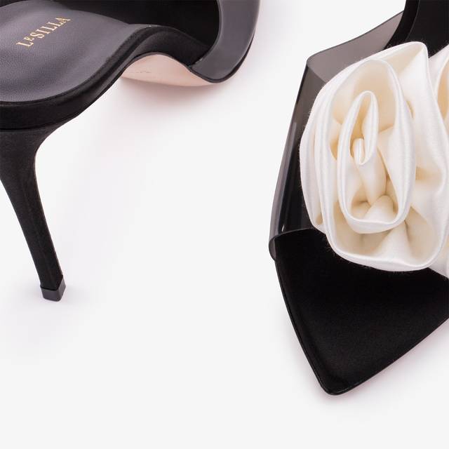 Le Silla Sandalo mule gioiello raso e plexy nero e bianco Vendita