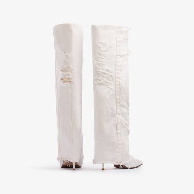 Le Silla Stivale al ginocchio con risvolto denim bianco distressed Presa