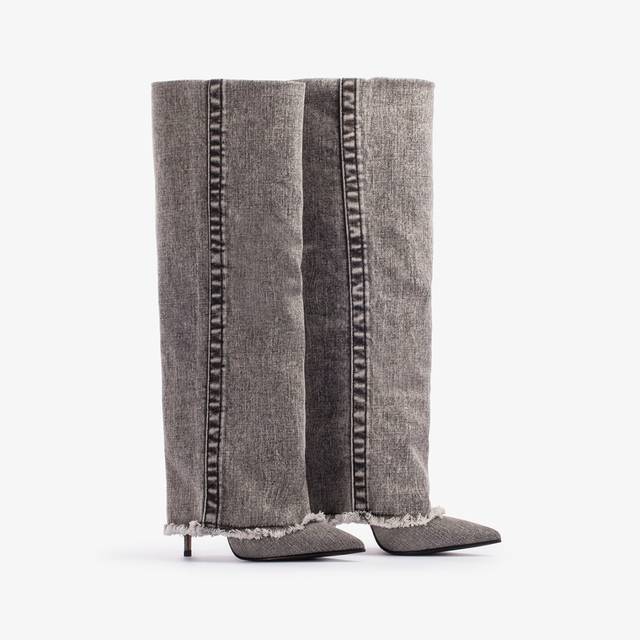 Le Silla Stivale al ginocchio con risvolto denim nero Sconto