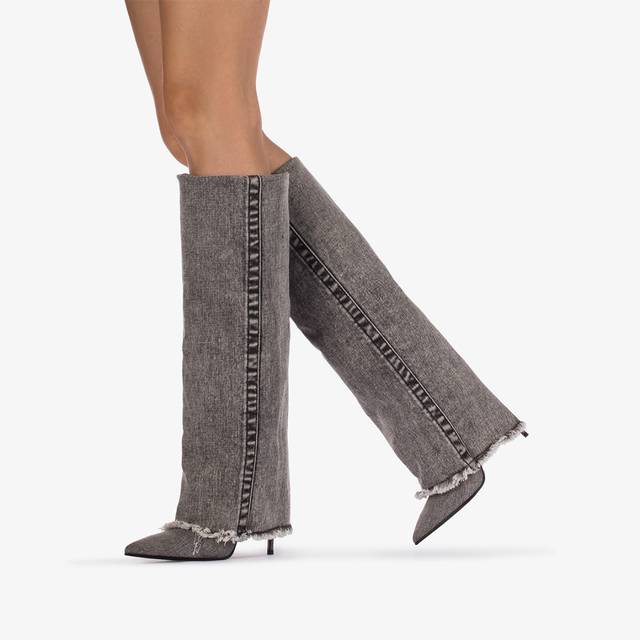 Le Silla Stivale al ginocchio con risvolto denim nero Sconto