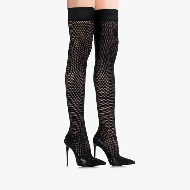 Le Silla Stivale sopra il ginocchio calza nero jet con Cristalli Offerta San Valentino