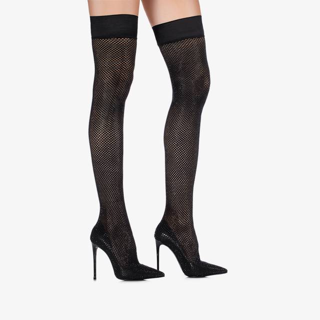 Le Silla Stivale sopra il ginocchio calza nero jet con Cristalli Offerta San Valentino