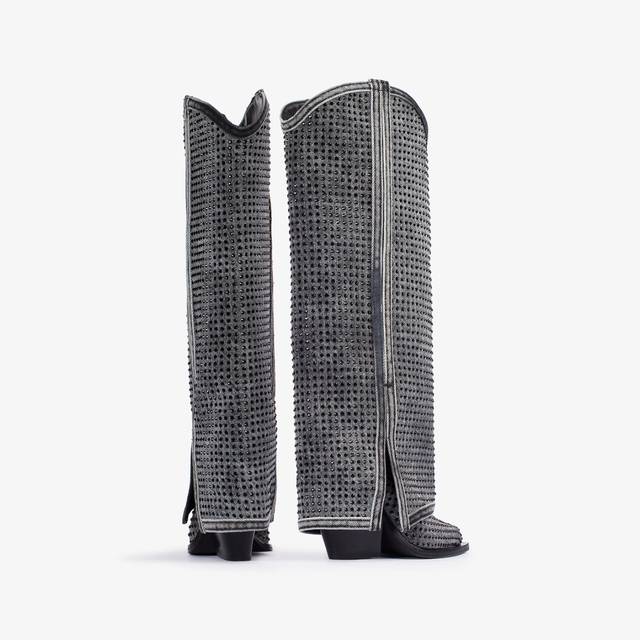 Le Silla Stivale al ginocchio con risvolto d'ispirazione Western denim e Cristalli nero jet Offerta migliore