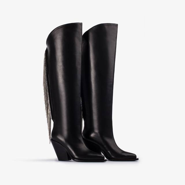 Le Silla Stivale al ginocchio d'ispirazione Western nappa nera con frange argento Latest fashion