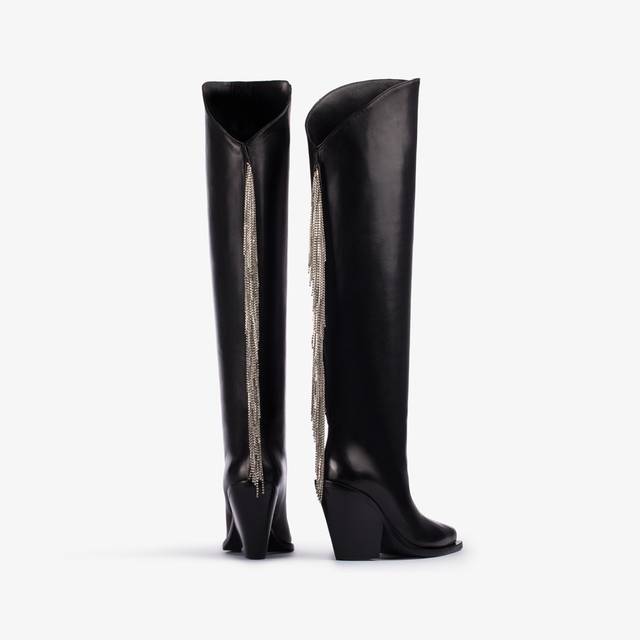 Le Silla Stivale al ginocchio d'ispirazione Western nappa nera con frange argento Latest fashion