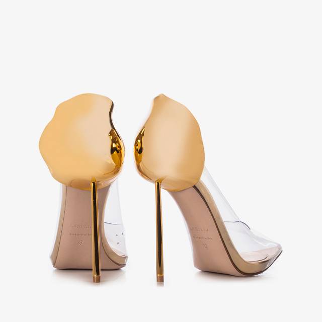 Le Silla Décolleté plexy trasparente con tacco oro Online Outlet
