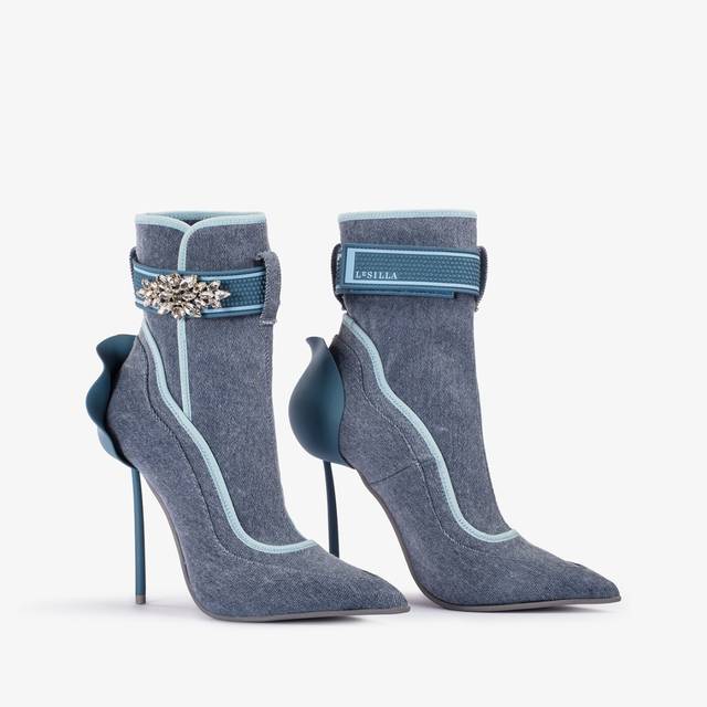 Le Silla Stivaletto denim stretch blu con Cristalli argento Nuovo