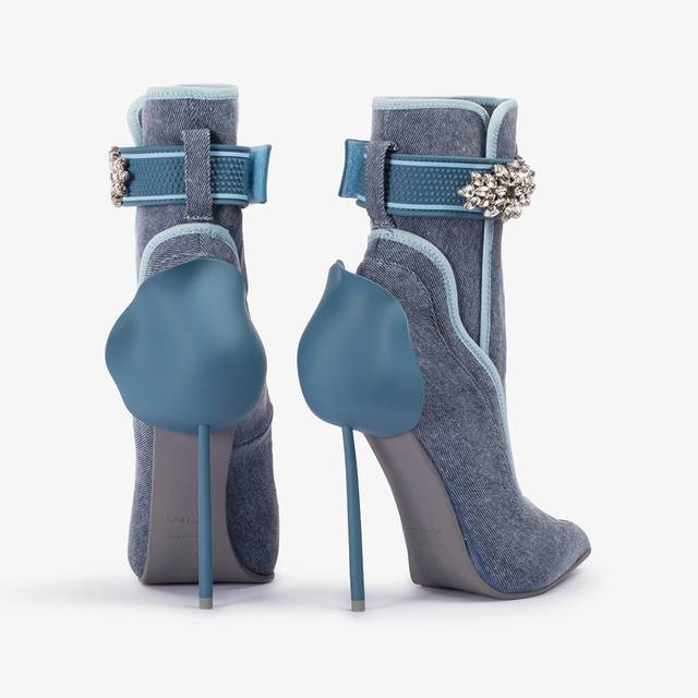 Le Silla Stivaletto denim stretch blu con Cristalli argento Nuovo