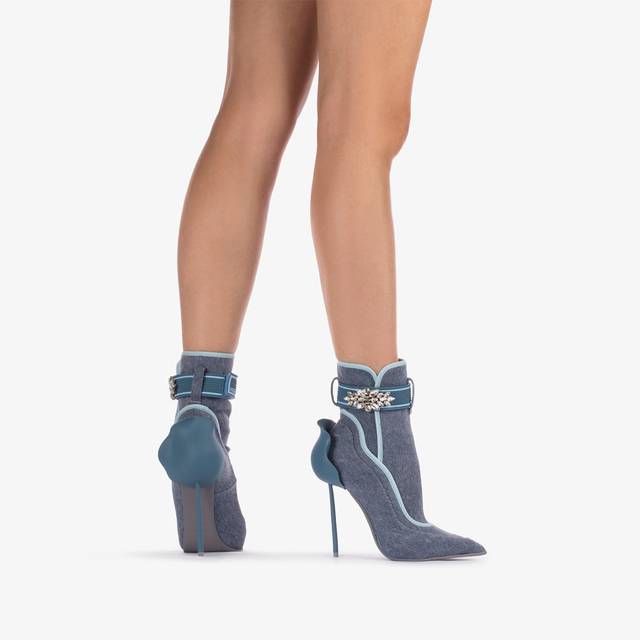Le Silla Stivaletto denim stretch blu con Cristalli argento Nuovo