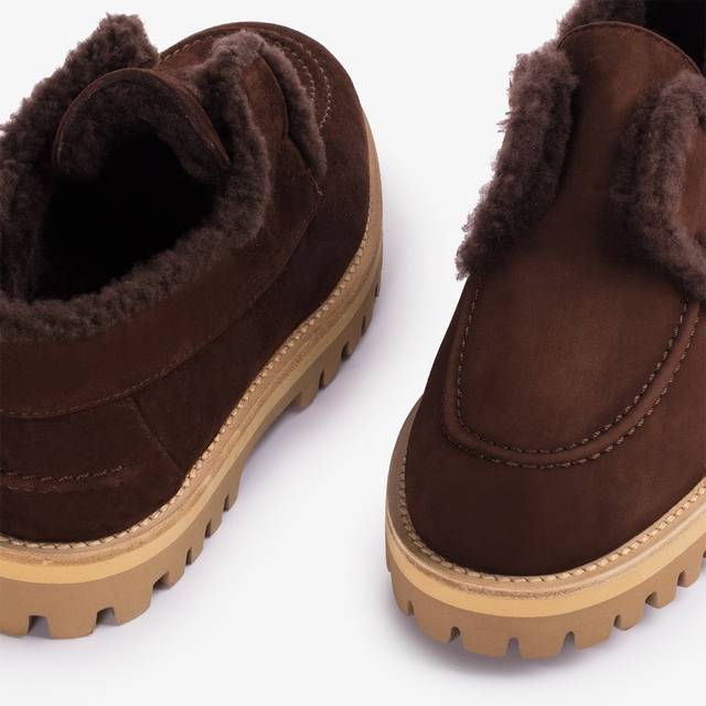 Le Silla Mocassino camoscio marrone ebano con fodera montone Vendita calda