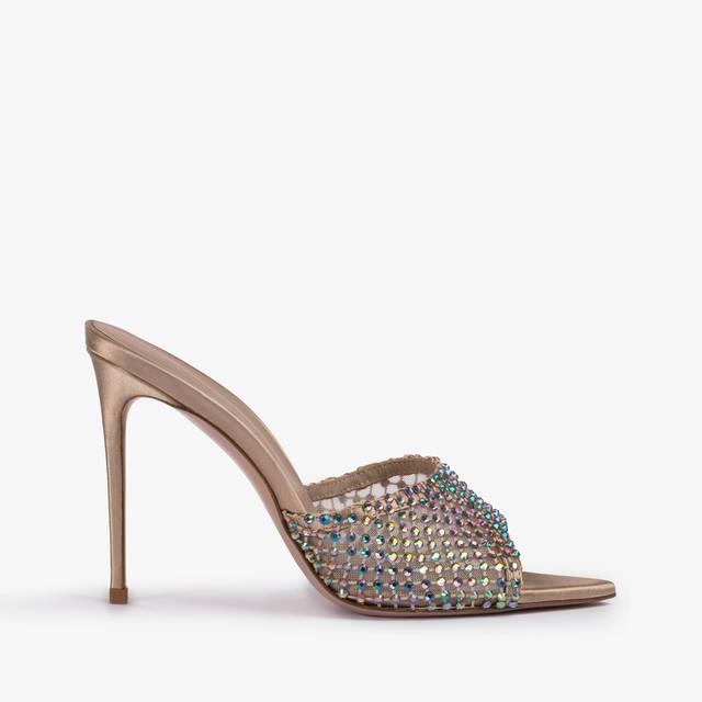 Le Silla Sandalo mule gioiello rete oro con Cristalli iridescenti In vendita