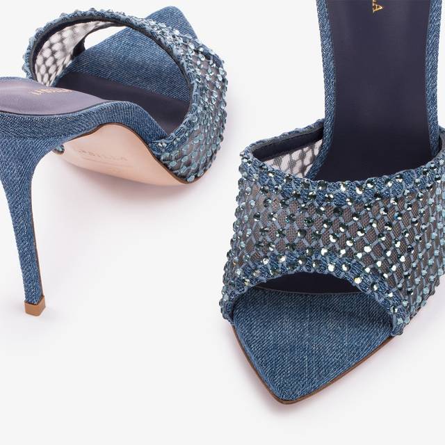 Le Silla Sandalo mule gioiello rete blu denim con Cristalli Duty-free