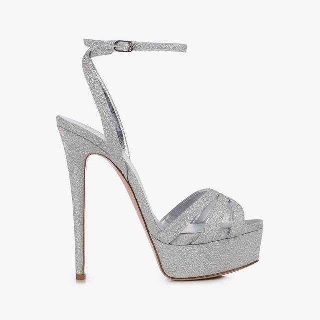 Le Silla Sandalo con plateau tessuto glitterato argento Promozione