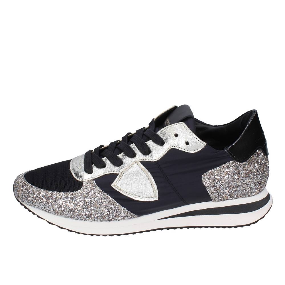 scarpe donna PHILIPPE MODEL sneakers nero tessuto platino glitter EX366 Nuova