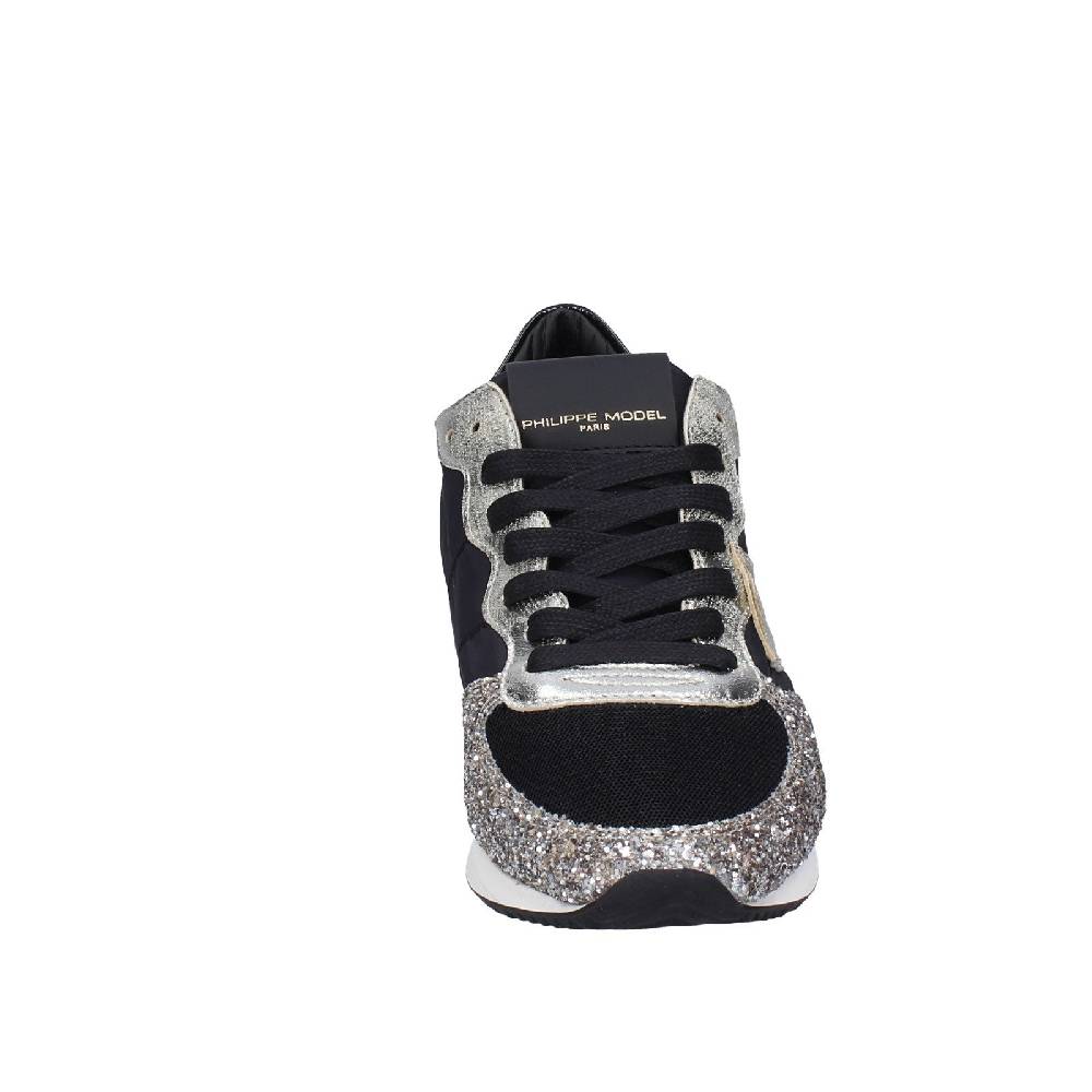 scarpe donna PHILIPPE MODEL sneakers nero tessuto platino glitter EX366 Nuova