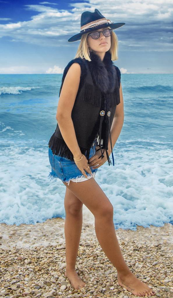 Passion Blanche GILET NERO MONTONE + FRANGIA Spedizione Gratuita