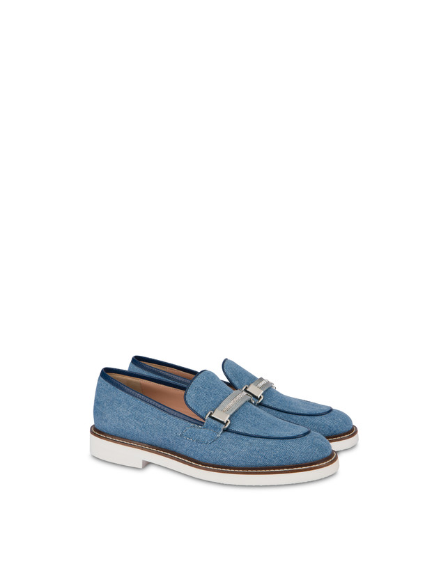 Pollini Mocassini In Tessuto Denim Mannish Denim/navy Vendita Economica