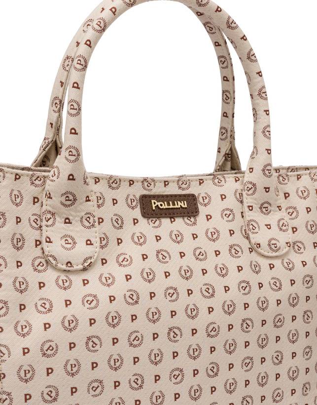 Pollini Borsa Tote Heritage Denim Jacquard Avorio/marrone In Vendita