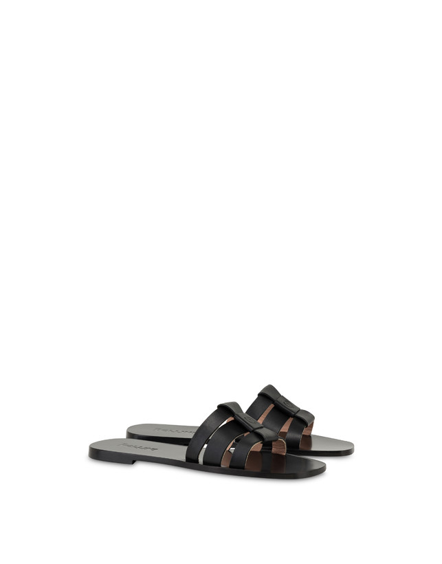 Pollini Sandali Flat In Vacchetta Sahara Nero Promozione Limitata