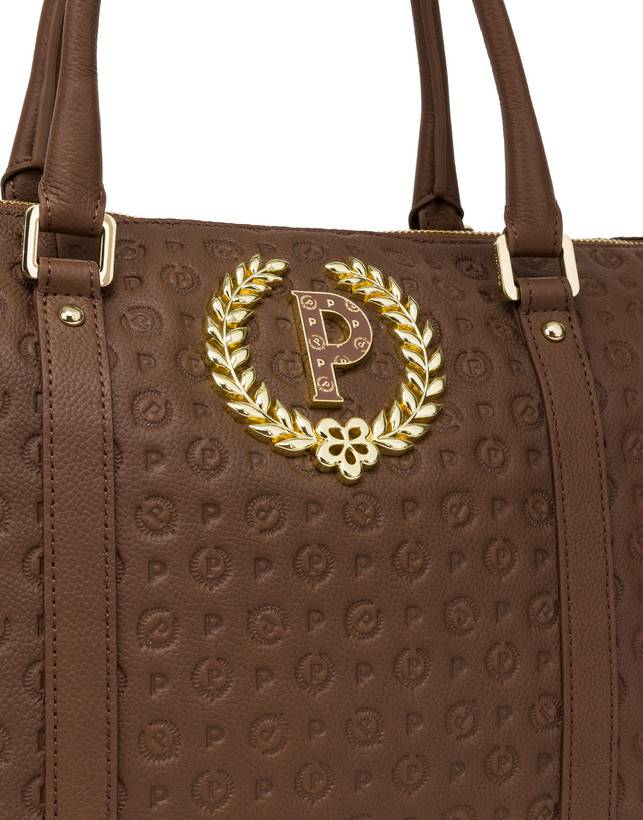 Pollini Shopping Bag Heritage Logo Embossed Marrone Fornitura limitata