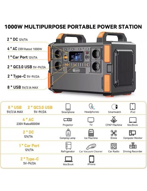 Generatore solare portatile Flashfish F132 1041.6Wh/1000W batteria LiFePo4 uscita 230V AC 19 uscite versione UE Promozione Limitata