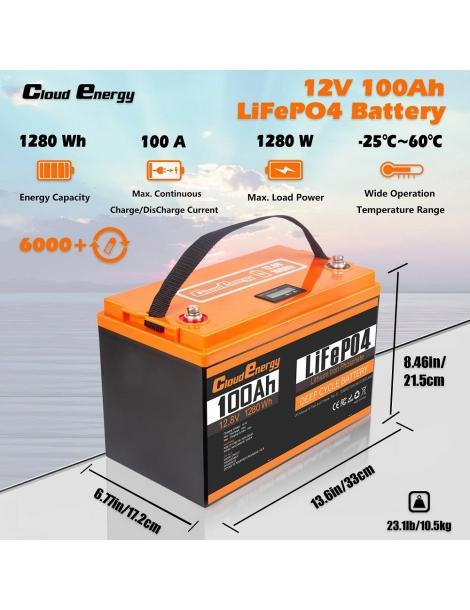 Cloudenergy 12V 100Ah LiFePO4 Battery Pack 1280Wh di energia 6000+ cicli BMS integrato 100A supporto serie/parallelo Consegna Veloce