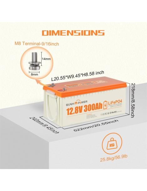 SUNHOOPOWER 12V 300Ah LiFePO4 Batteria energia 3840Wh BMS 200A integrato potenza di carico max. 2560W IP68 In Vendita