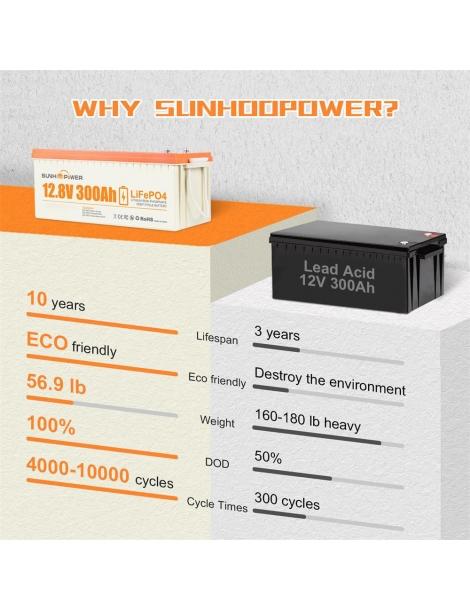 SUNHOOPOWER 12V 300Ah LiFePO4 Batteria energia 3840Wh BMS 200A integrato potenza di carico max. 2560W IP68 In Vendita