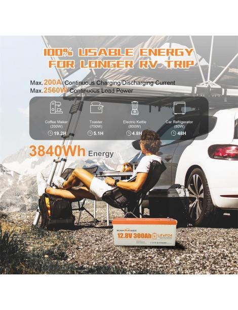 SUNHOOPOWER 12V 300Ah LiFePO4 Batteria energia 3840Wh BMS 200A integrato potenza di carico max. 2560W IP68 In Vendita