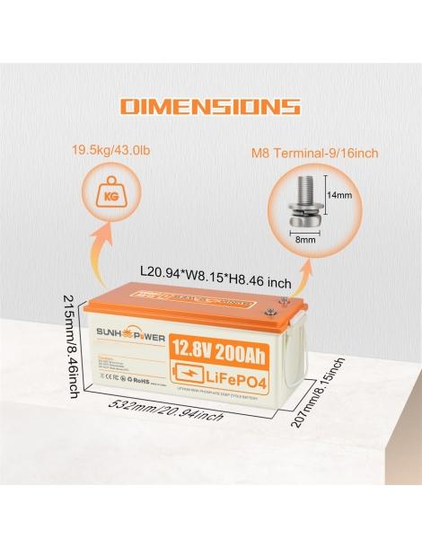 SUNHOOPOWER 12V 200Ah LiFePO4 Batteria energia 2560Wh BMS 100A integrato potenza di carico max. 1280W IP68 Saldi